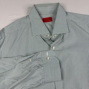Isaia Napoli Mens Dress Shirt Size 17.5 Blue White Gingham Check Italy